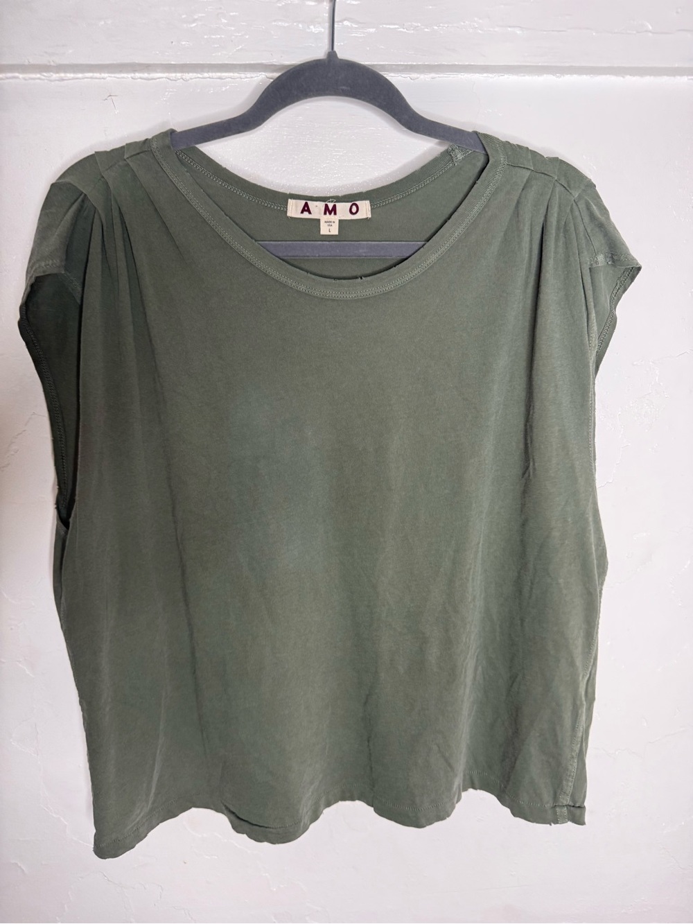 AMO Olive Green Crew Neck Short Sleeve Tee 100% Cotton Size Large